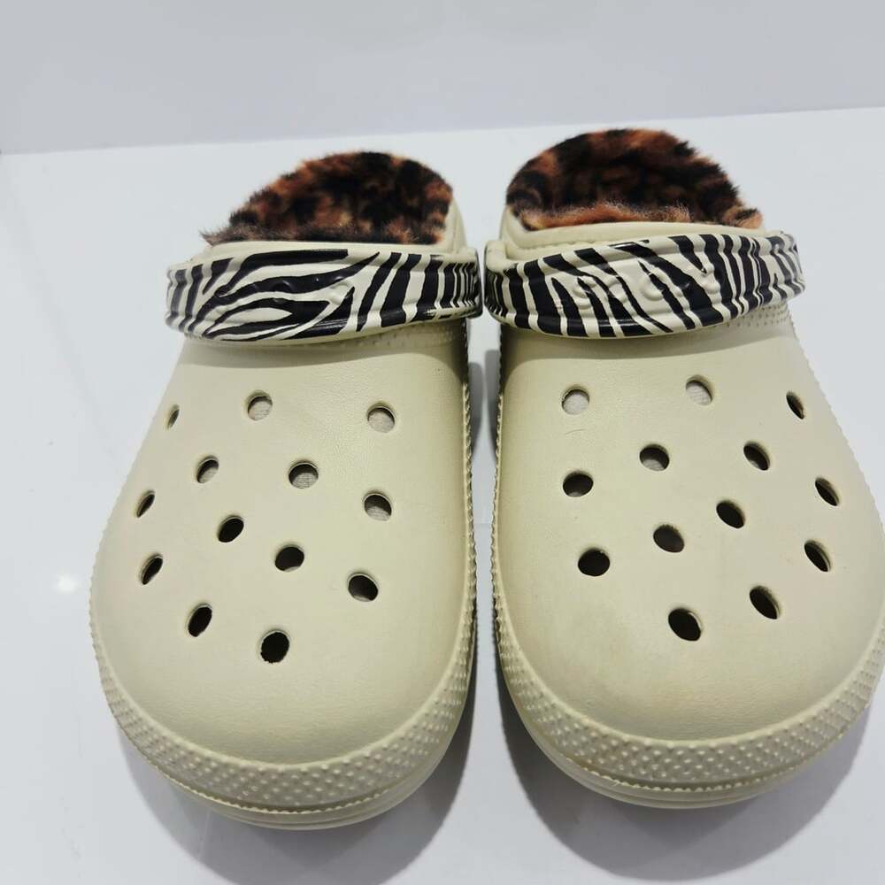 Crocs Classic Lined Animal Remix Clog in Bone with Zebra and Leopard Print 8 Men